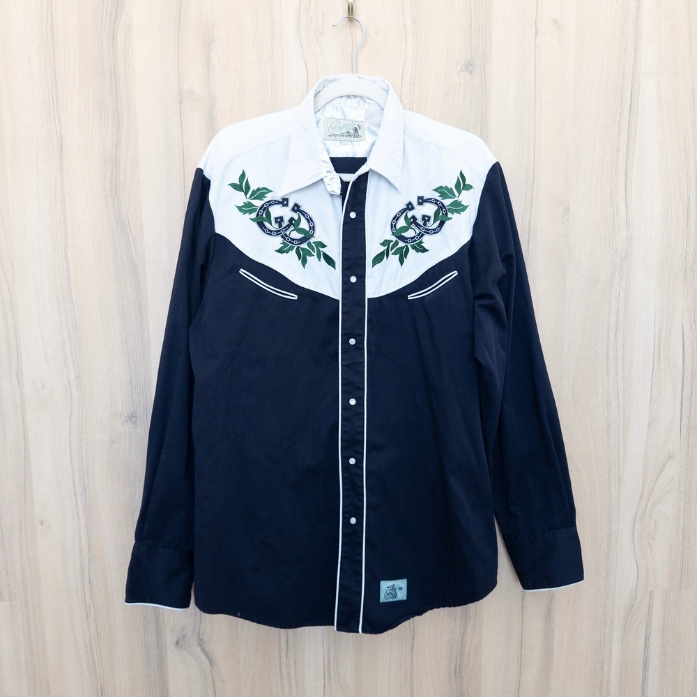Vintage Roper Western Shirt L Black Horseshoe Embroidery Long Sleeve Pearl Snap